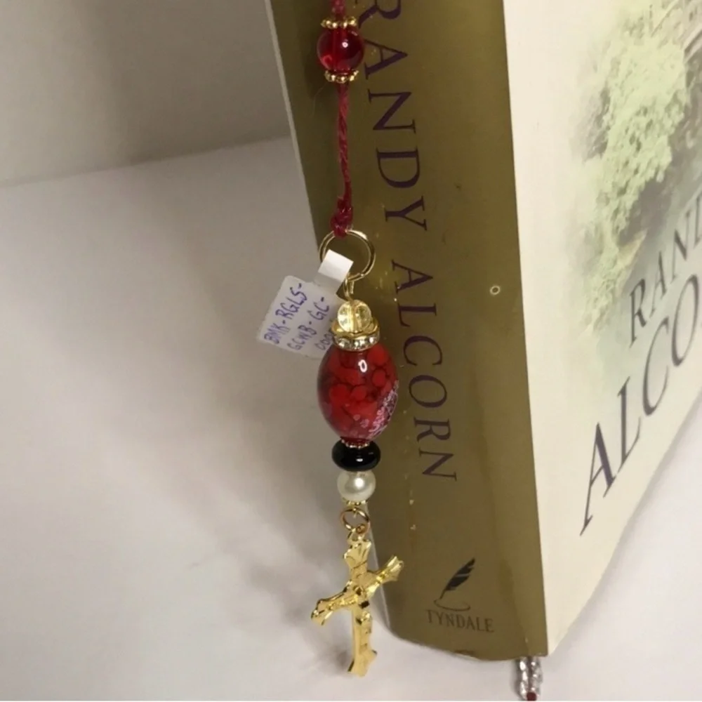 ECCENTRIC HANDCRAFTED Red/White/Black Beaded Bookmark with Golden Cross